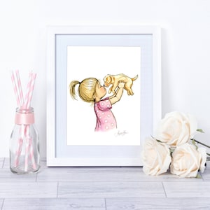 Puppy Love - Girl with golden retriever puppy - Puppy art