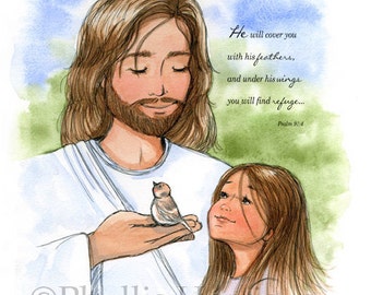 Jesus and the sparrow and little girl - Available with or without Scripture - Christian Children's Art Print