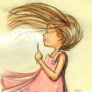 Girls room art, Nursery Wall Art, Dandelion Girl - Girl blowing dandelion -Make A Wish-  Girl's room decor, Pink Nursery Art