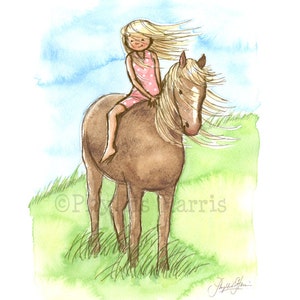 Children's Wall Art Print, Girl's room art - Horse Girl - Girl's room decor- customizable hair color and dress color on little girl