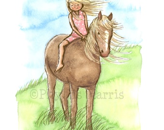 Impression d'art mural pour enfant, art pour chambre de fille - fille cheval - déco pour chambre de fille - couleur de cheveux et couleur de robe personnalisables pour petite fille