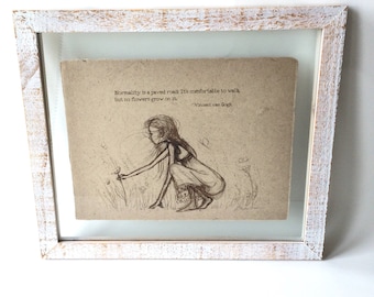 Girl Picking Flowers Sketch Art Print: Vintage Style Handmade Paper