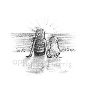 Little Girl and her beloved dog at the beach - Sketch Art Print
