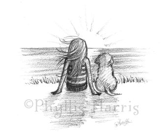 Little Girl and her beloved dog at the beach - Sketch Art Print