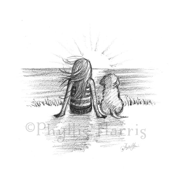 Little Girl and her beloved dog at the beach - Sketch Art Print