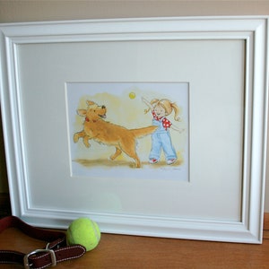 Children's Wall Art Print - Playing Fetch - Golden retriever and little girl- Customizable Hair Color- Brandy and Emma