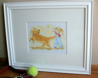 Golden Retriever Art Print: Girl and Dog Playing Fetch (Customizable)
