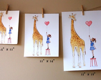 Children's Wall Art Print - 13 x 19" Giclée - Giraffe and little girl - Girl's Room Decor- Customizable Hair Color