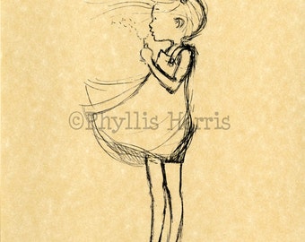 Children's Wall Art Print - Vintage Dandelion girl sketch - "Every Breath is a Gift"