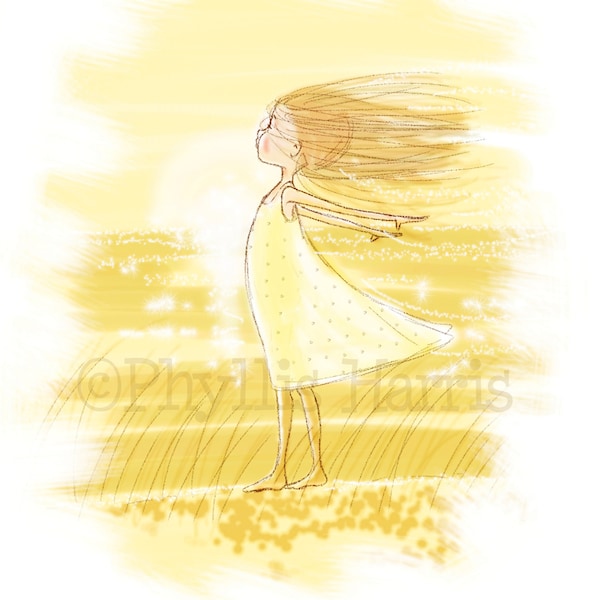 Lámina artística de Niña en el Viento: Decoración infantil oceánica (8,5 x 11)