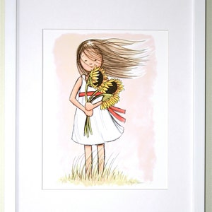 Children&#39;s Wall Art Print - Windy Sunflower Girl Illustration with antique Pink background - Girl&#39;s room decor- Customizable Hair Color