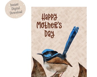 Digital Downloadable 5 x 7 inch Mother's Day Card / Superb Fairy Wren / Australian bird wildlife