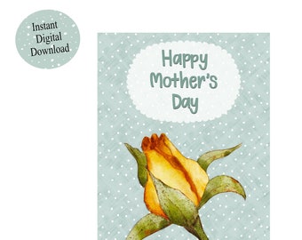 Digital Downloadable 5 x 7 inch Mother's Day Card / Yellow Rose / Flower/ Light Green / Simple / Classic