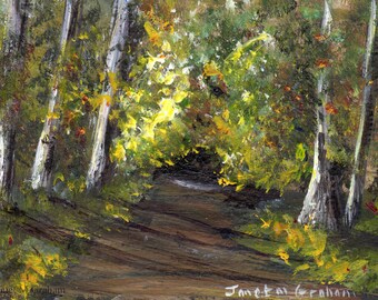 Fall Pathway ACEO Landscape Autumn Path Trees Original Acrylic ACEO landscape painting by Australian Artist Janet M Graham