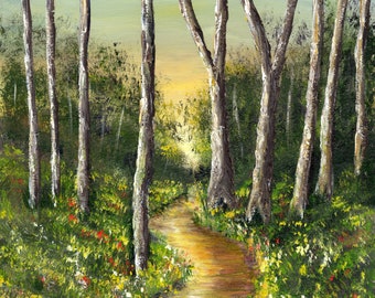 May include: An oil painting depicts a sunlit forest scene. Tall, slender trees frame a winding path. Lush green grass and wildflowers line the path, leading towards a bright, yellow-orange light in the distance. The artist's signature is in the bottom right corner.