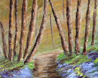 Sunlit Bluebell Forest SFA  Original hand painted acrylic Landscape painting by Australian Artist Janet M Graham