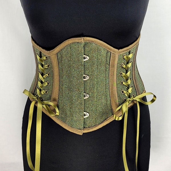 24 inch Moss Green Tweed Waspie Corset with Double Lacing Detail