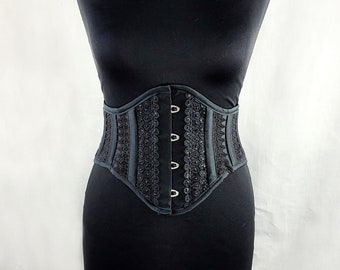 Black Taffeta Faux Silk Victoriana Waspie Corset with Matching Guipure Lace Detail