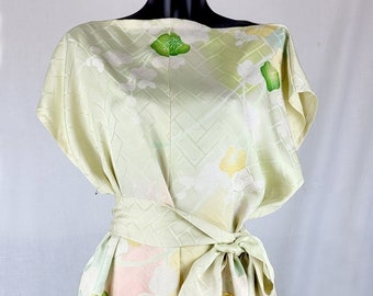 Unique Pale Green Upcycled Vintage Kimono Silk with Embroidered Goldwork Cherry Blossom PJs Pyjama Set