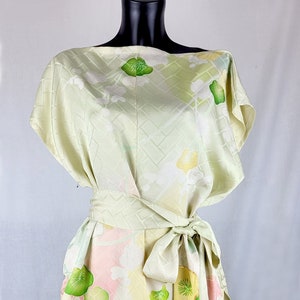 Unique Pale Green Upcycled Vintage Kimono Silk with Embroidered Goldwork Cherry Blossom PJs Pyjama Set image 1