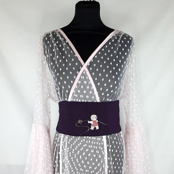 Upcycled Kimono Obi Aubergine Purple Silk Sayagata with Embroidered Boy Cummerbund Belt