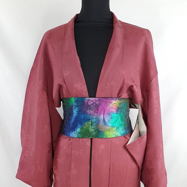 Upcycled Kimono Obi Rainbow Iridescent Urushi Lacquered Silk Chrysanthemum Cummerbund Belt