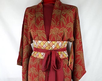 Upcycled Kimono Obi Red Urushi Lacquered Silk Chrysanthemum Cummerbund Belt