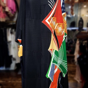 Black Silk Crepe Batwing Kaftan Dress Repurposed Unique Upcycled Vintage Kimono Fabric with Geometric Hexagon Free Shapes & Embroidery