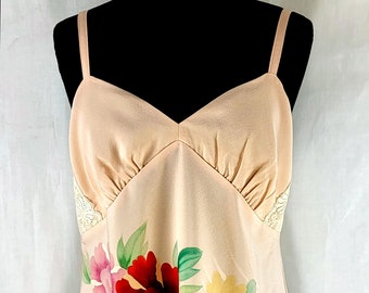 Blush Pink Camisole Top In Repurposed Vintage Kimono Silk With Peonies And Cluny Lace