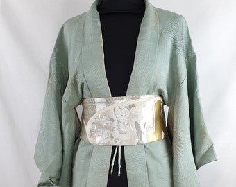 Upcycled Kimono Obi Silver Urushi Lacquered Metallic Silk Floral Baroque Cummerbund Belt