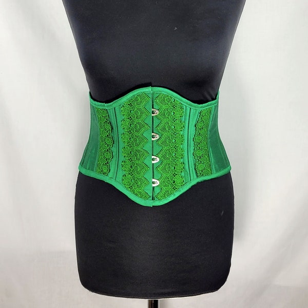 26 Inch One Off Emerald Green Raw Silk Waspie Corset with Matching Guipure Lace Detail