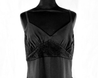 Black Silk Slip In Repurposed Vintage Kimono Silk With Cluny Lace Detail