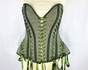 26 inch Soft Green 100% Wool Tweed Overbust Corset with Multiple Lacing