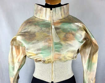 Cropped Bomber Bat Wing Jacket Made in Repurposed Vintage Japanese Rainbow Cloud Obi Fabric
