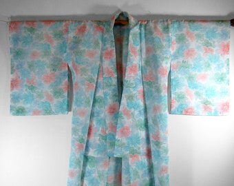 SALE! Pale Blue Cotton Lilly Flower Print Yukata  1970s Vintage Kimono