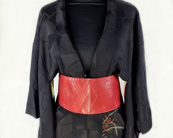 Upcycled Kimono Obi Burgundy Red Urushi Lacquered Silk with Abstract Geometric Patterns Cummerbund Belt