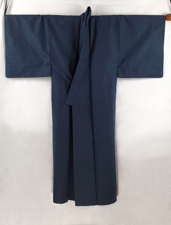 Navy Blue Tsumugi Silk 1970's Vintage Kasuri Weav… - image 1