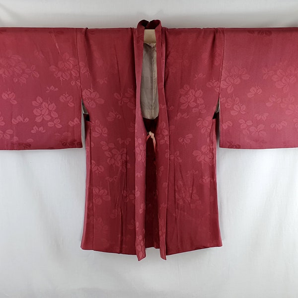 Altrosa Rosa Mon Kinsha Seide 1960er Vintage bestickte Brücke Wellen Floral japanische Haori Kimono Jacke