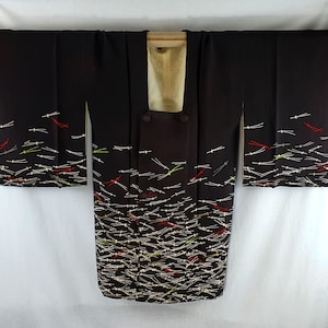 Very Dark Brown Crepe Silk 1950's Vintage Abstract Pine Needle Japanese Michiyuki Haori Kimono Jacket