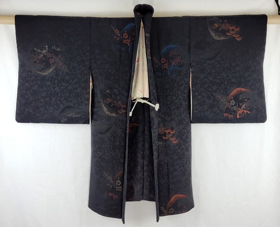 Black Mon Kinsha Silk 1940's Vintage urushi lacqu… - image 1