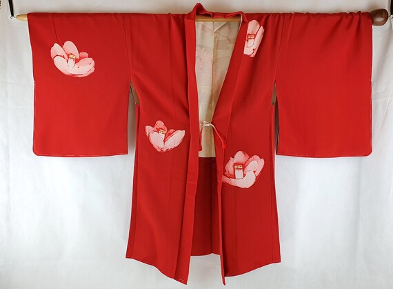Red Crepe Silk 1980's Vintage Camillia Flower Japa
