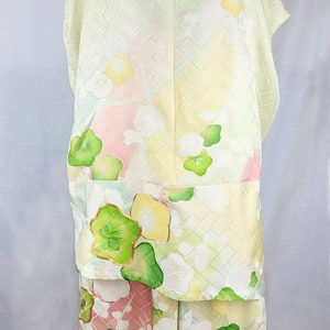 Unique Pale Green Upcycled Vintage Kimono Silk with Embroidered Goldwork Cherry Blossom PJs Pyjama Set image 2