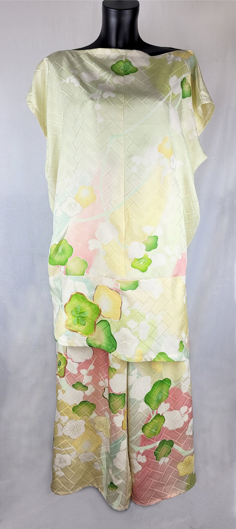 Unique Pale Green Upcycled Vintage Kimono Silk with Embroidered Goldwork Cherry Blossom PJs Pyjama Set image 2