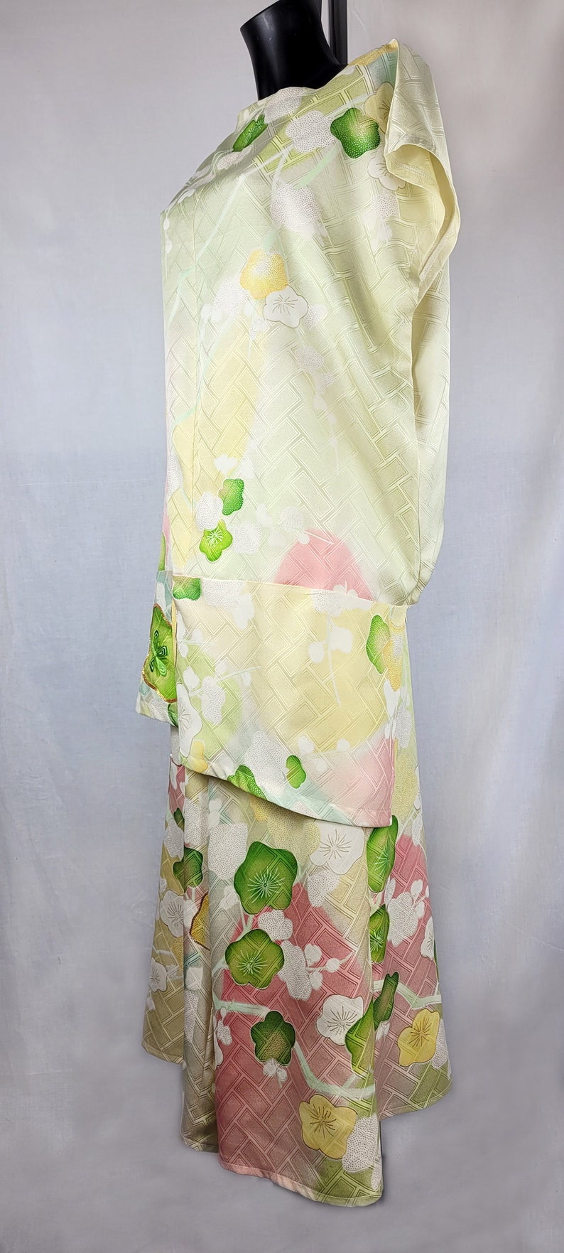 Unique Pale Green Upcycled Vintage Kimono Silk with Embroidered Goldwork Cherry Blossom PJs Pyjama Set image 3