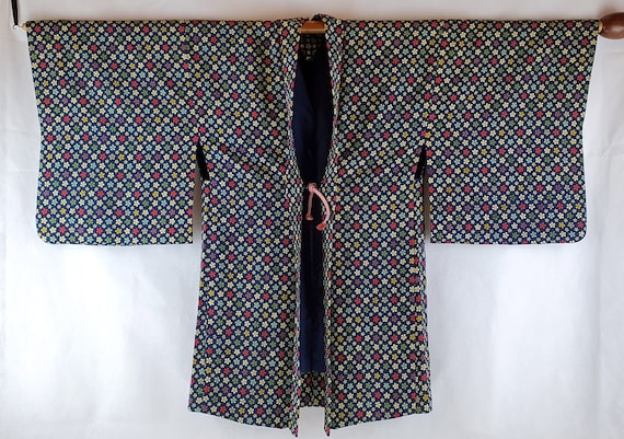 Navy Crepe Silk 1960's Vintage Floral Japanese Ha