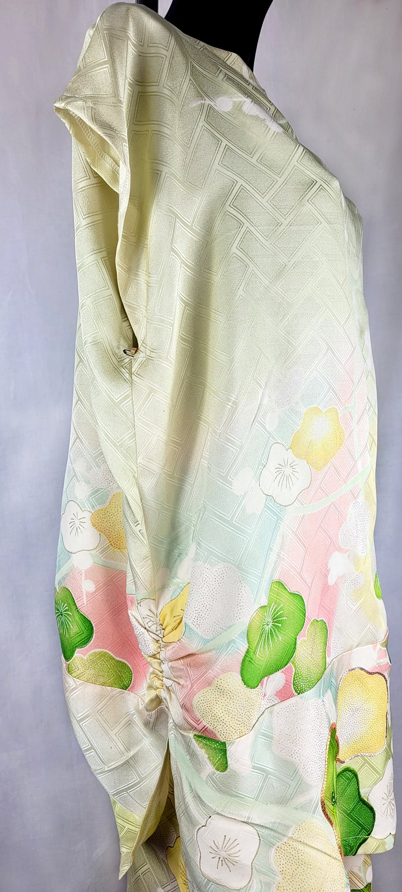 Unique Pale Green Upcycled Vintage Kimono Silk with Embroidered Goldwork Cherry Blossom PJs Pyjama Set image 5