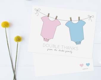 Twins Thank You Cards, Triplets Thank You Cards, Baby Shower Thank You Cards, Girl Twins, Boy Twins // Boy or Girl // Flat  // Set of 25