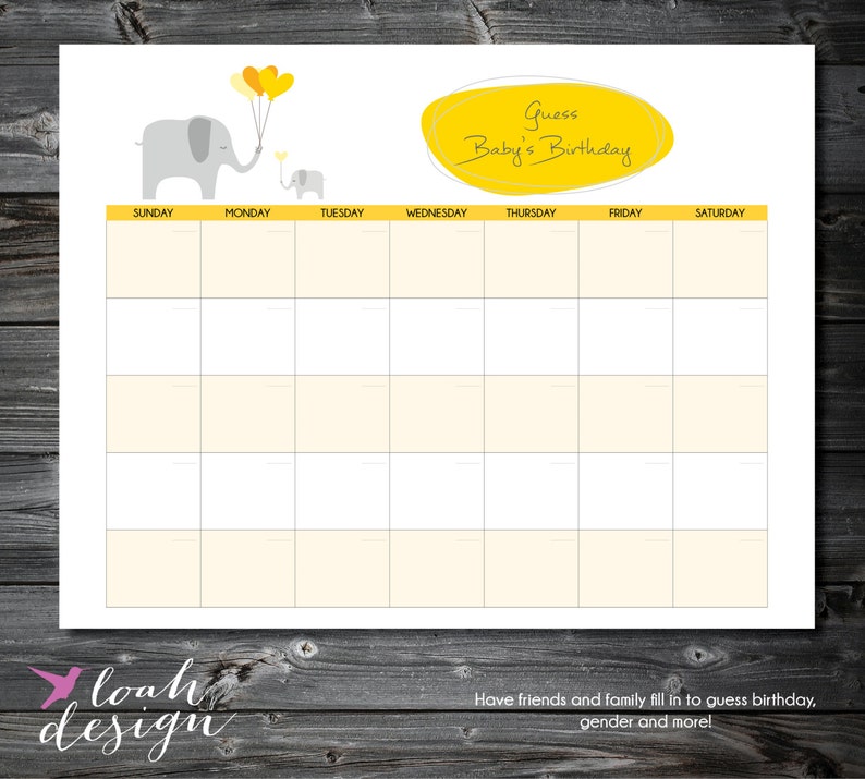 Elephant Baby Shower Guess Baby/'s Birthday Baby Shower Guess Baby/'s Due Date Game Gender Neutral Boy Girl Shower INSTANT DOWNLOAD
