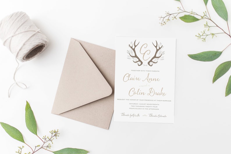 Rustic Antler Wedding Invitation Suite, Mountain Wedding Invitation, Rustic Wedding Set, Boho // RSVP, Directions // PRINTABLE or PRINTED image 1