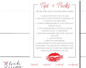 May include: A white printed card with red text and a red lip print. The card reads "Tips + Tricks" and provides helpful tips for using LipSense, including applying gloss and using thin layers. The bottom of the card says "kiss proof, waterproof, sweatproof, smudgeproof."